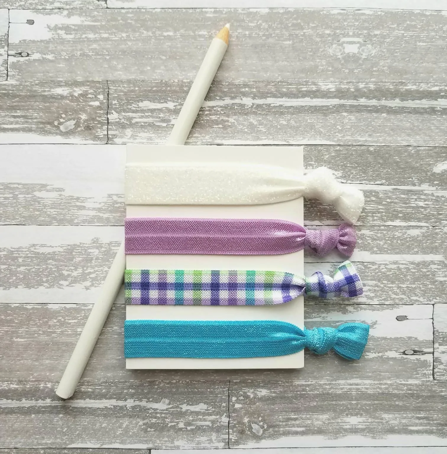 Spring Plaid Hair Set - turquoise aqua blue/lilac purple check/green/white glitter sparkle elastic tie band bow Easter ponytail holder