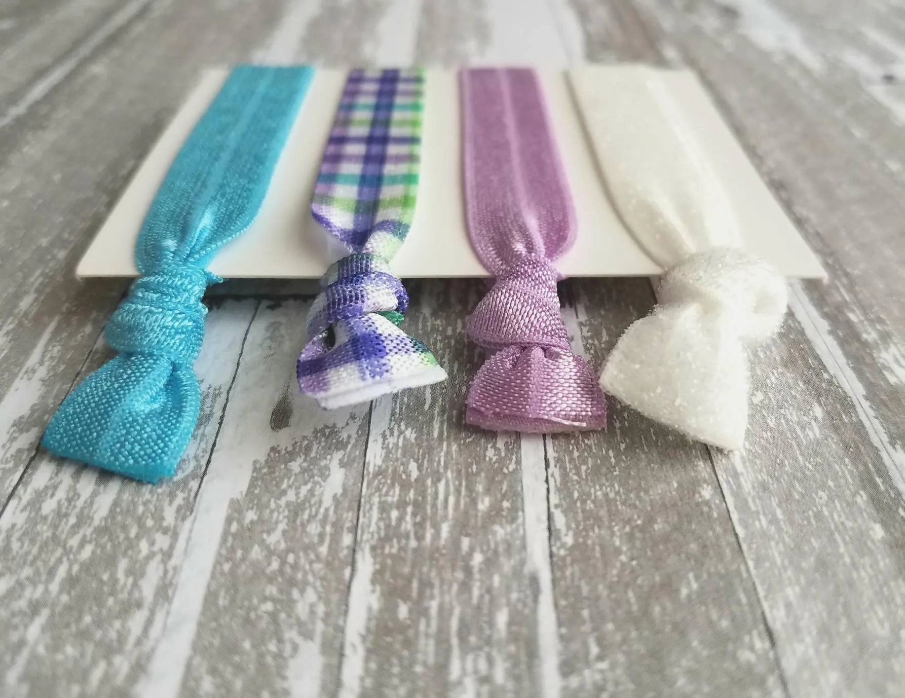 Spring Plaid Hair Set - turquoise aqua blue/lilac purple check/green/white glitter sparkle elastic tie band bow Easter ponytail holder