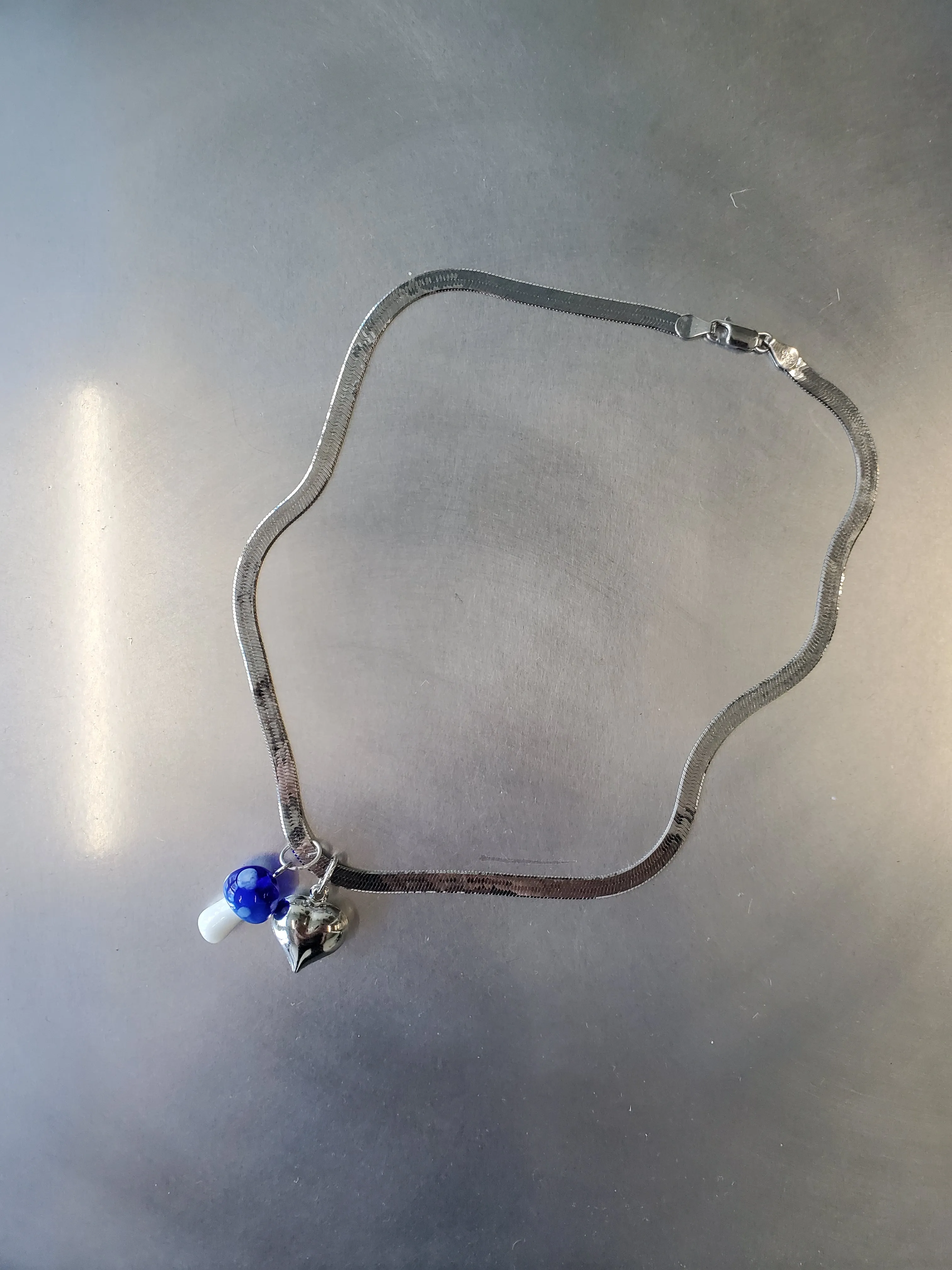 Sterling Silver Herringbone Chain Necklace with Mushroom and Heart