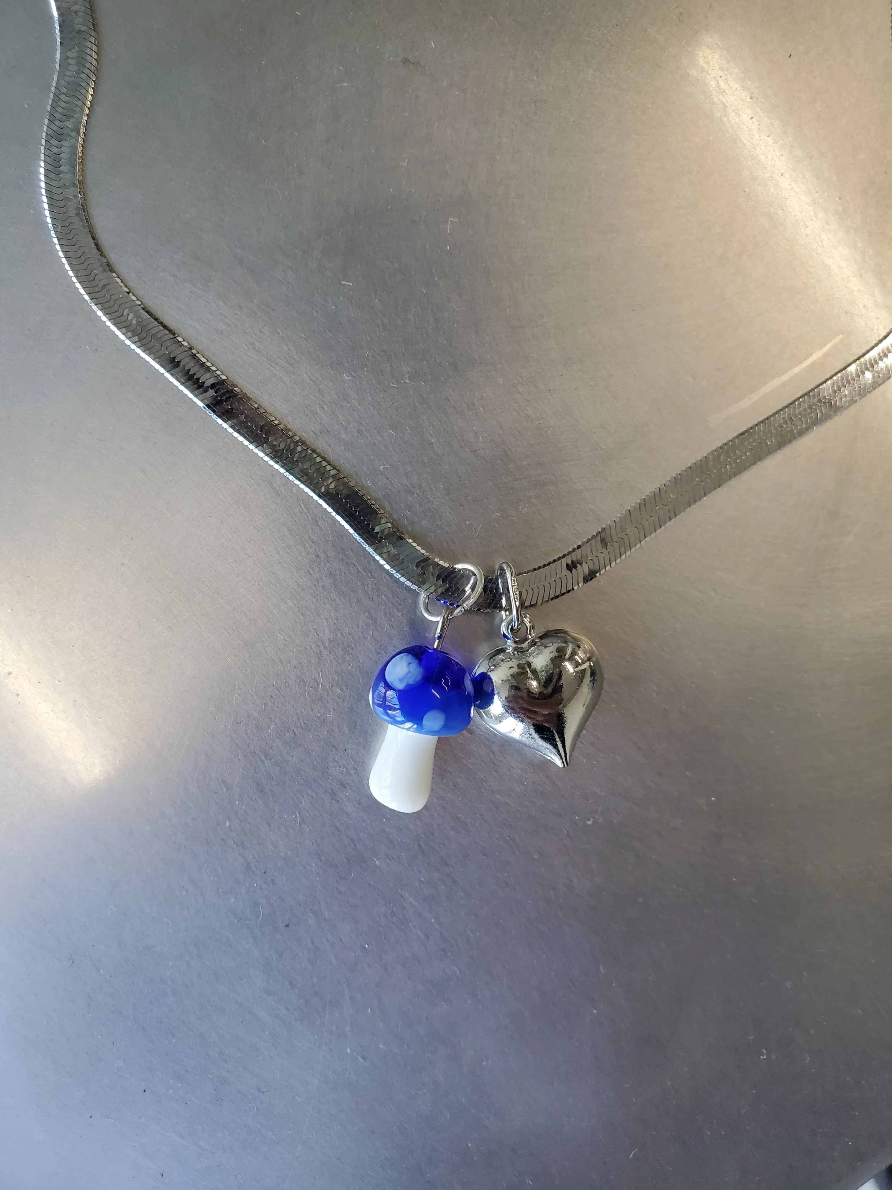 Sterling Silver Herringbone Chain Necklace with Mushroom and Heart