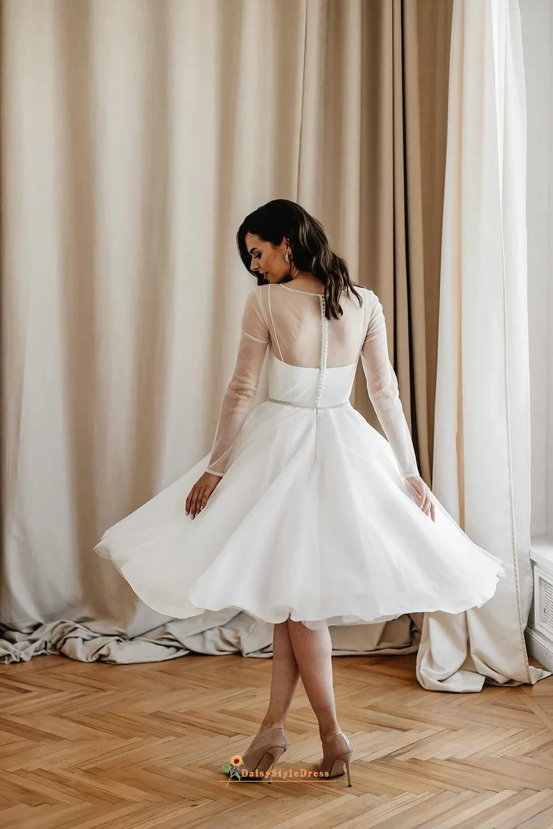 Tea Length Ball Gown Long Sleeve Wedding Dress