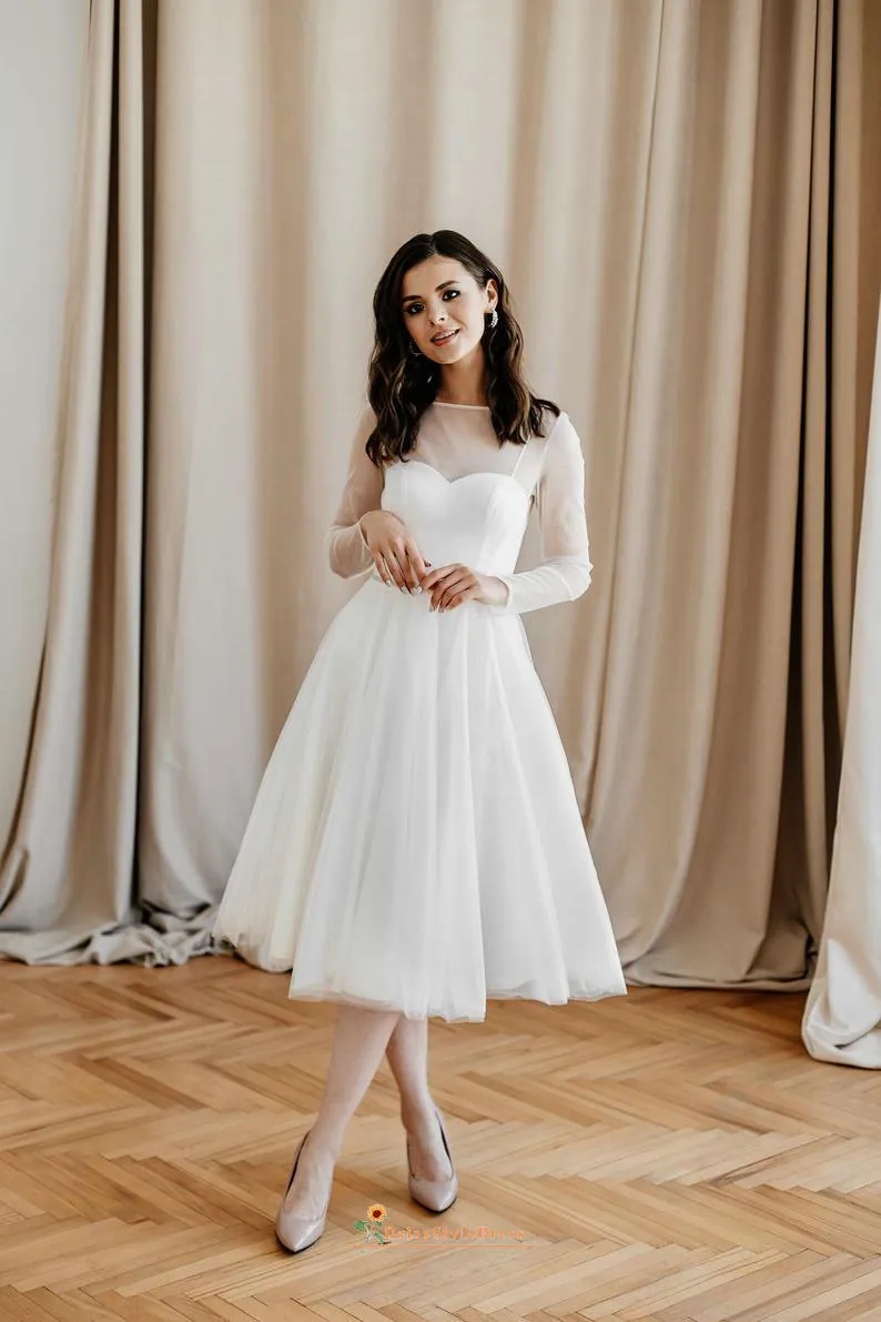 Tea Length Ball Gown Long Sleeve Wedding Dress