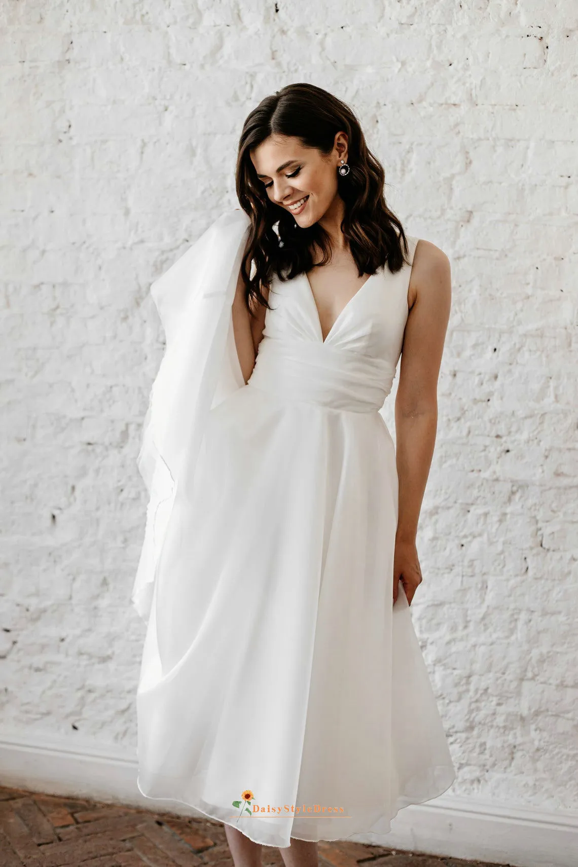 Tea Length Ball Gown V-neck Wedding Dress