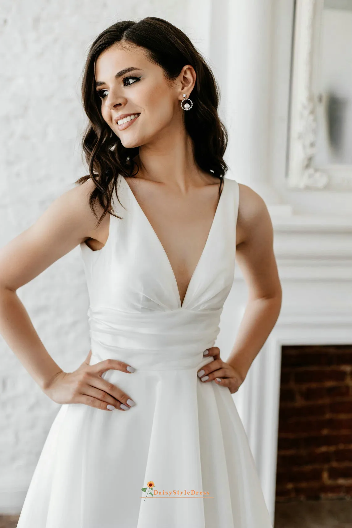 Tea Length Ball Gown V-neck Wedding Dress