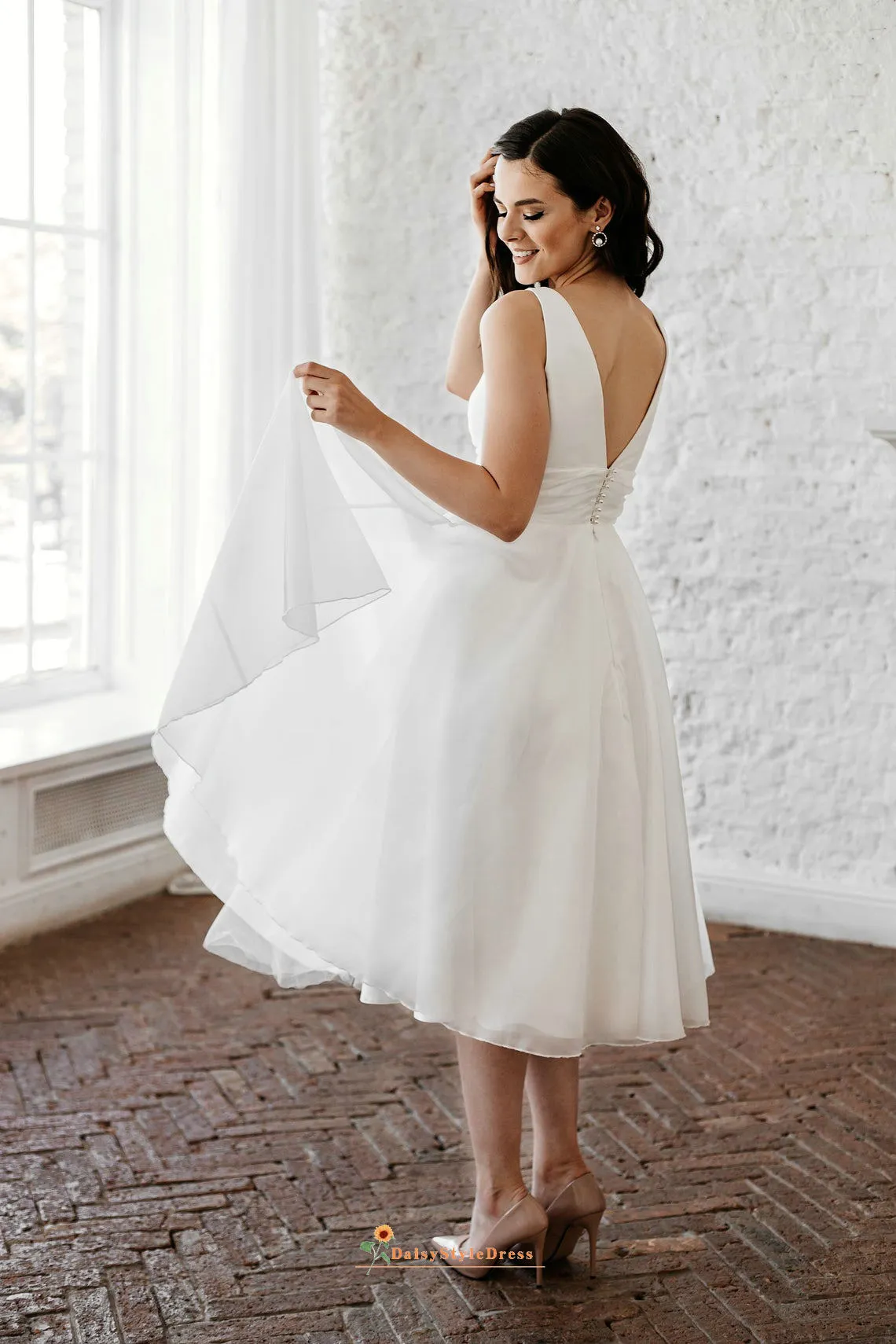 Tea Length Ball Gown V-neck Wedding Dress