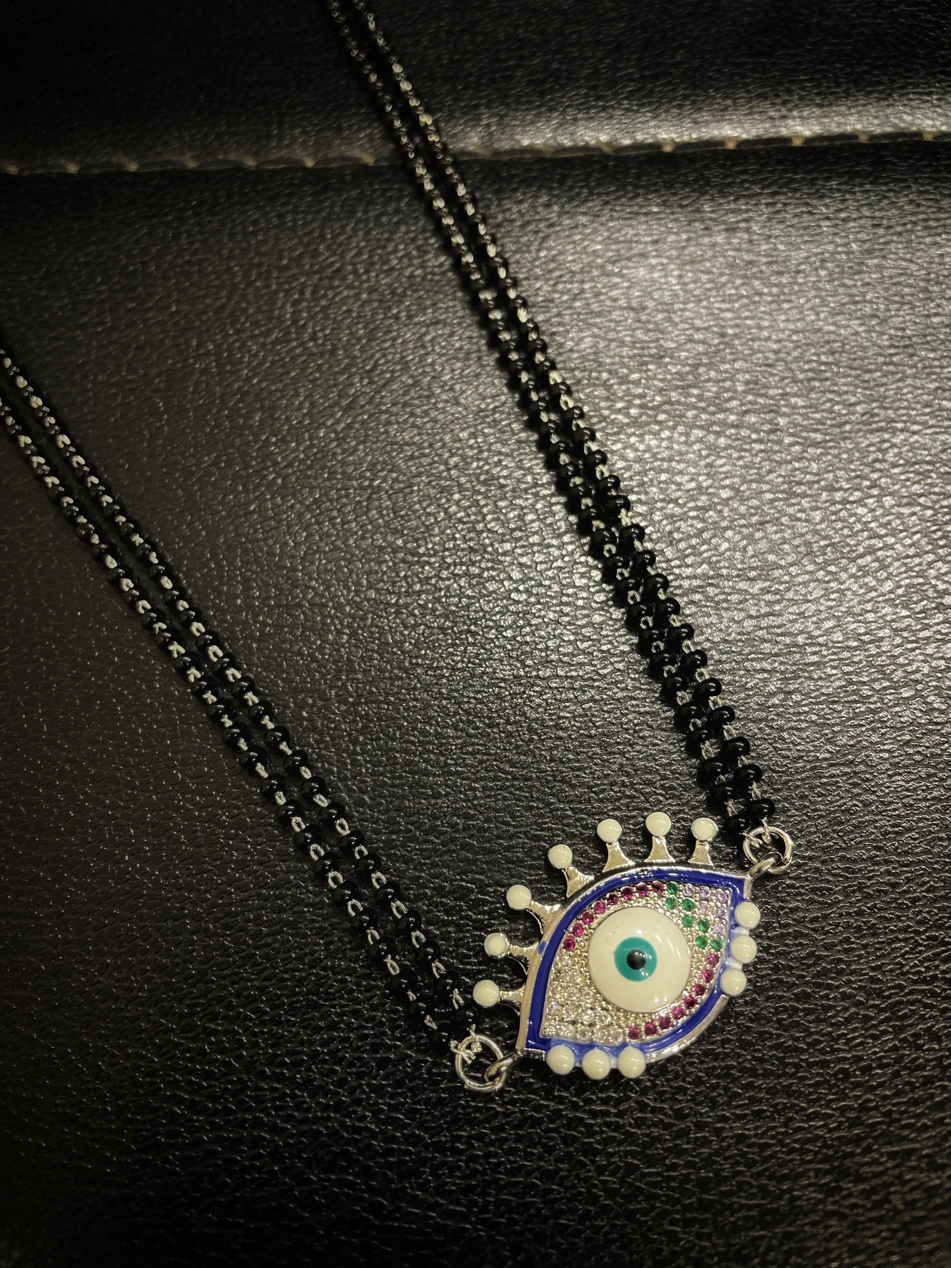 The Evil Eye Necklace Long Silver Mangalsutra Design Brass Silver Plated AD Pendant मंगळसूत्र (25 Inch)