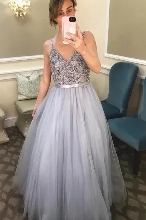 Tulle Sleeveless A-line V-Neck Beading Floor Length Grey Prom/Formal Dress,MP494