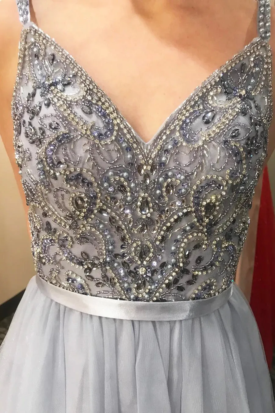 Tulle Sleeveless A-line V-Neck Beading Floor Length Grey Prom/Formal Dress,MP494