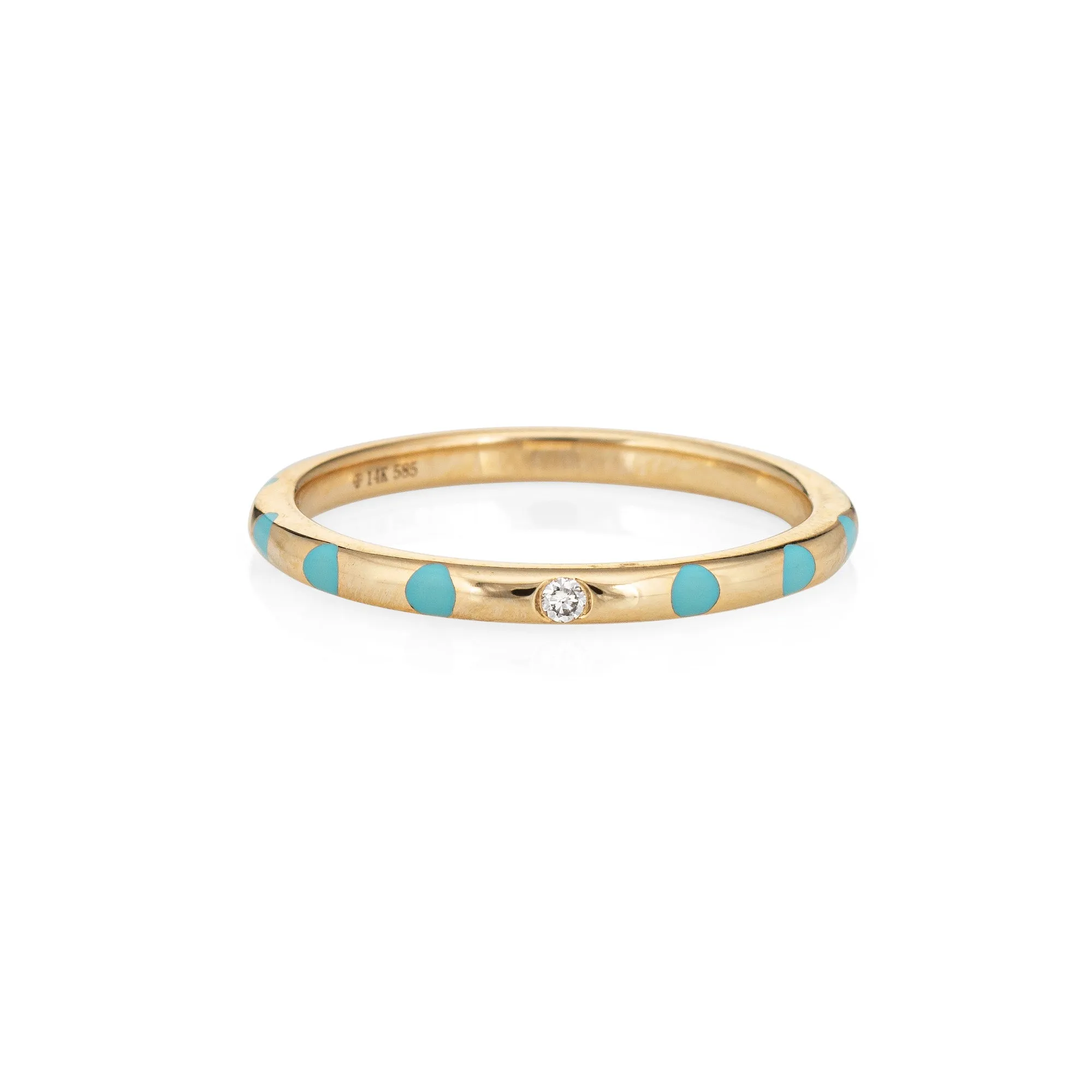 Turquoise Polka Dots Enamel Ring Diamond Sz 6.5 14k Yellow Gold Stacking Band