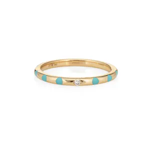 Turquoise Polka Dots Enamel Ring Diamond Sz 6.5 14k Yellow Gold Stacking Band