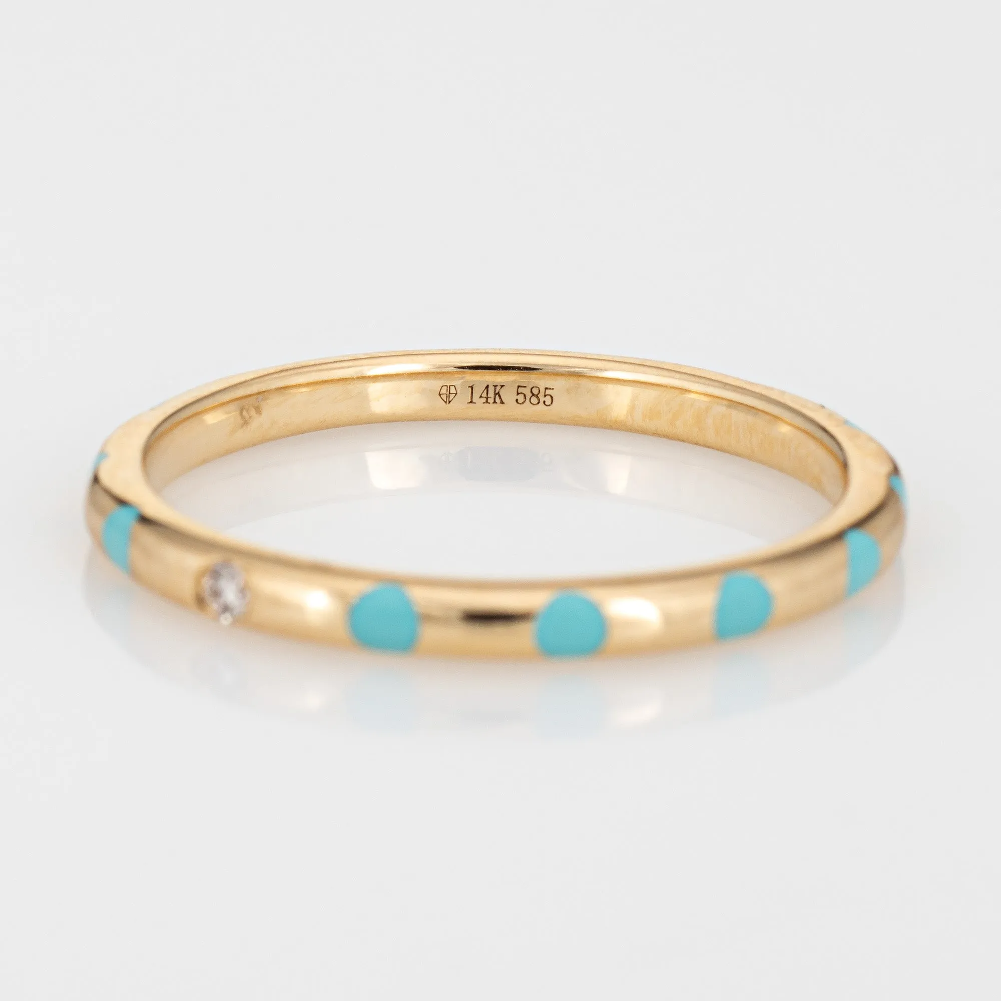 Turquoise Polka Dots Enamel Ring Diamond Sz 6.5 14k Yellow Gold Stacking Band
