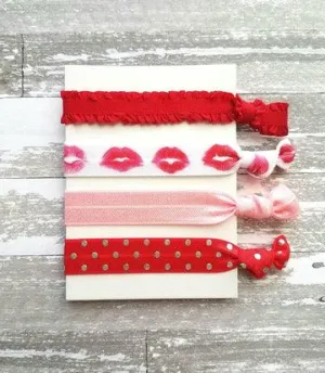 Valentine Hair Tie Set, Valentine ties, Valentine ponytail holder, Valentine hair band, kiss accessories, love gift, red pink hair elastic
