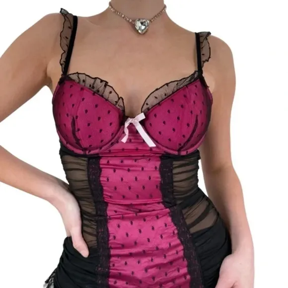 Victoria's Secret Pink/Black Polka Dot Sheer Ruffle Bustier Top