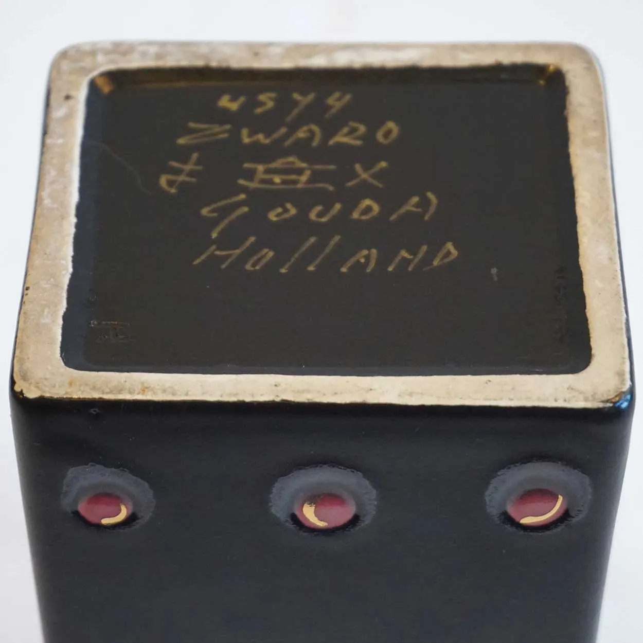 Vintage Dutch Gouda Zwaro Pattern Hand Painted Black Pottery Rectangular Bud Vase
