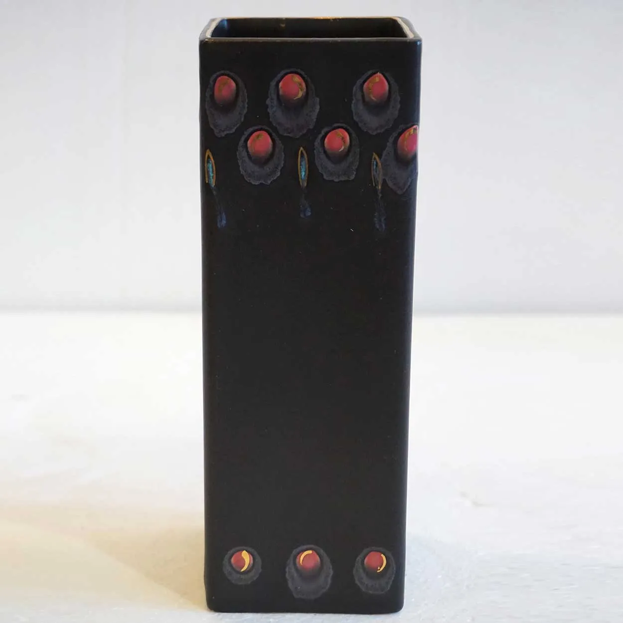 Vintage Dutch Gouda Zwaro Pattern Hand Painted Black Pottery Rectangular Bud Vase