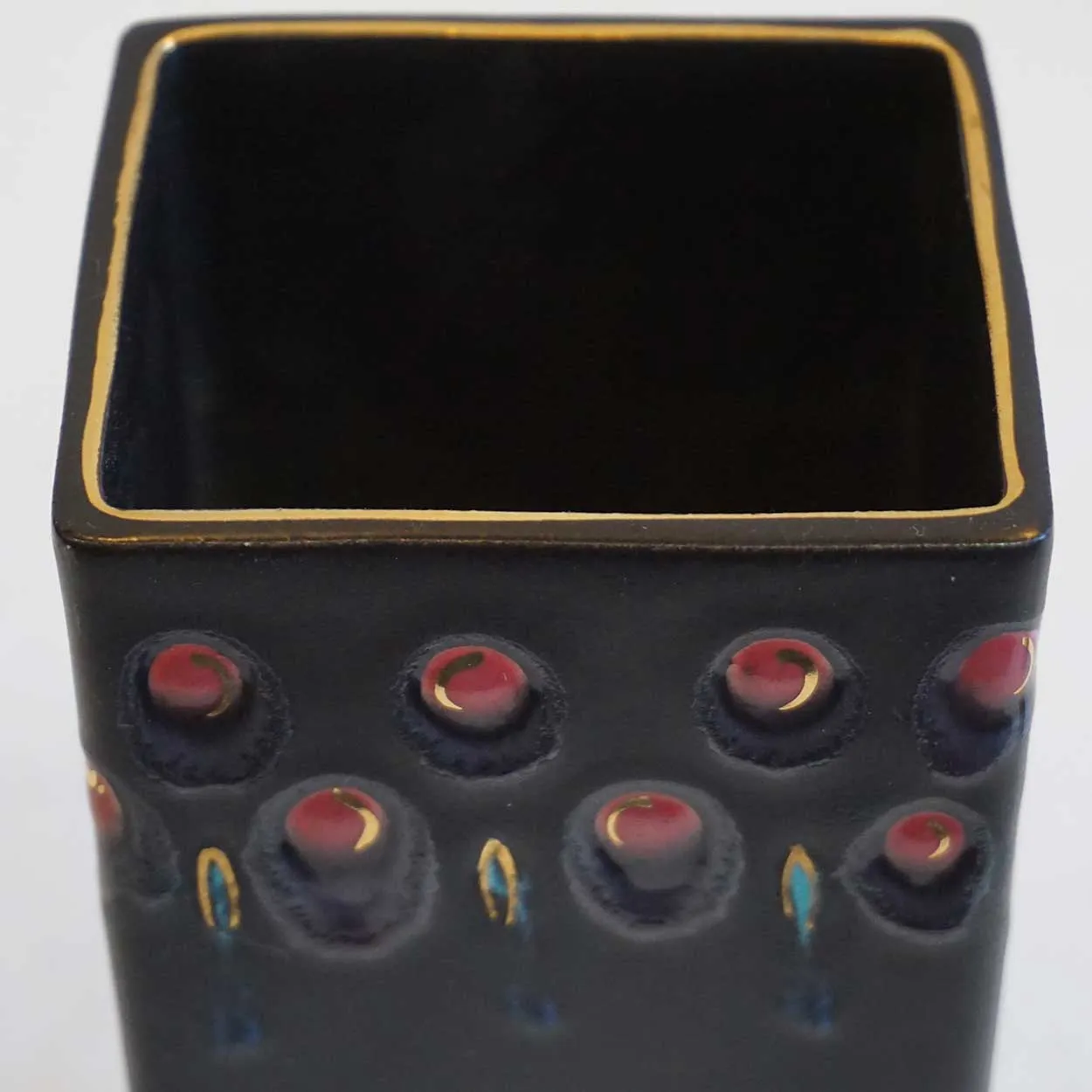 Vintage Dutch Gouda Zwaro Pattern Hand Painted Black Pottery Rectangular Bud Vase