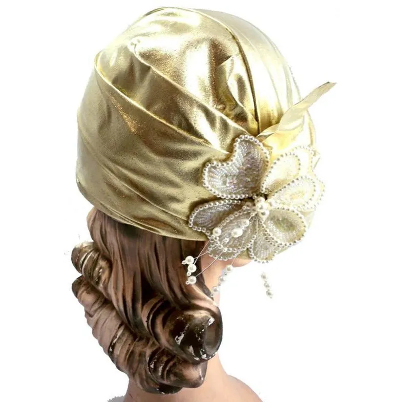 Vintage Gold Metallic Cloche Hat 1980S Pearls Large 1920s Look