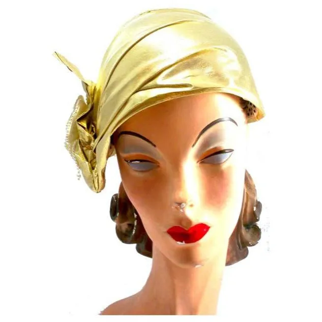 Vintage Gold Metallic Cloche Hat 1980S Pearls Large 1920s Look
