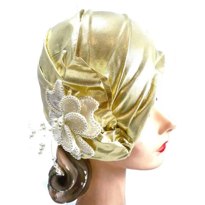 Vintage Gold Metallic Cloche Hat 1980S Pearls Large 1920s Look