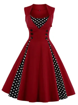 Vintage Polka Dot Print A-Line Sleeveless Cocktail Party Casual Dress