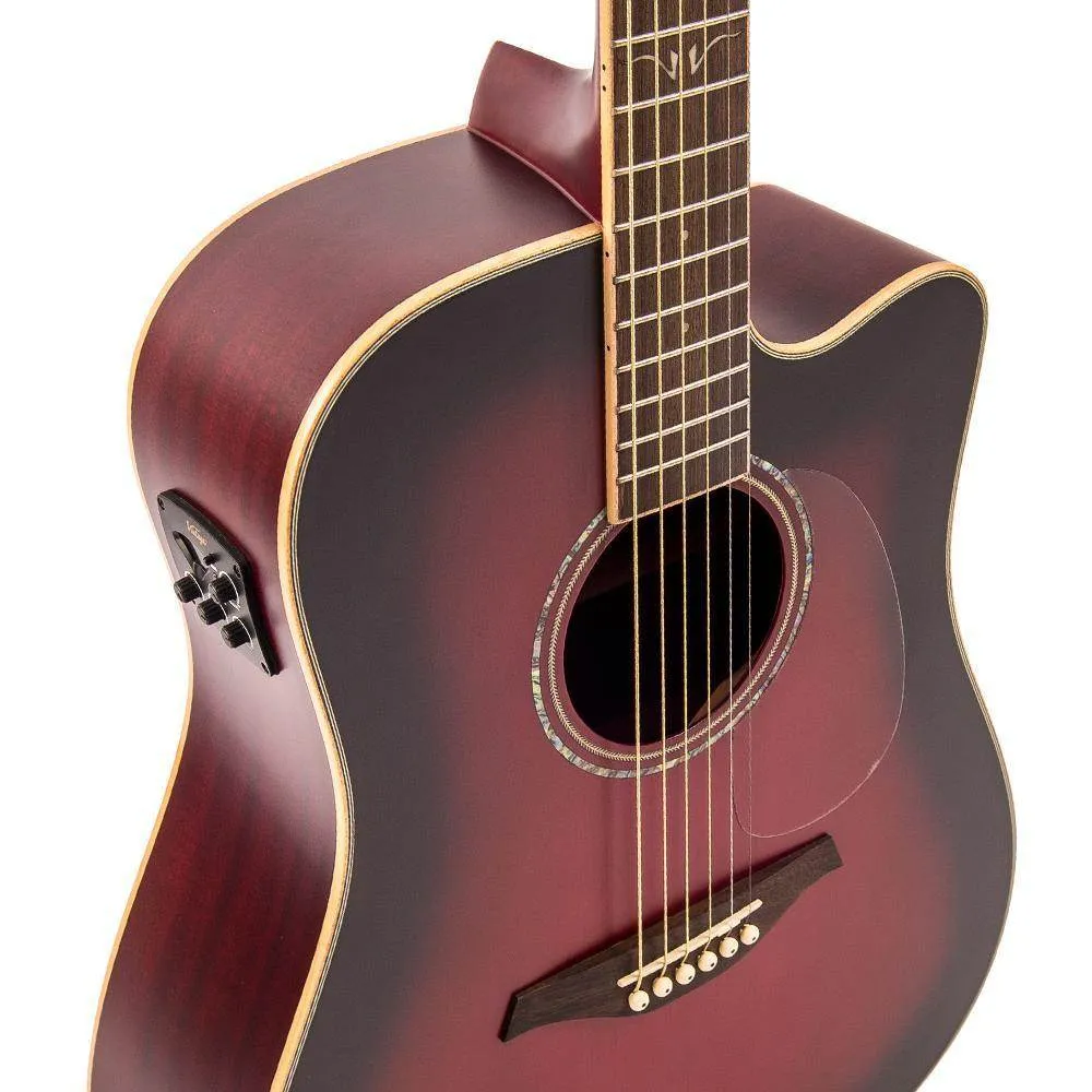 Vintage VEC550 Electro-Acoustic Dreadnought Guitar ~ Satin Burgundy Burst