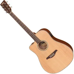 Vintage VEC550 Electro-Acoustic Dreadnought Guitar ~ Satin Natural ~ Left Hand