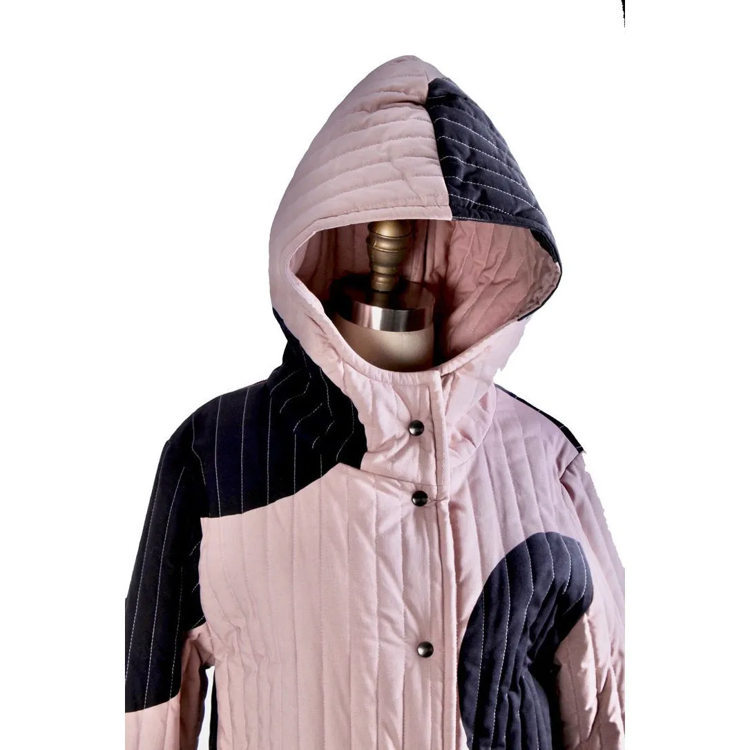 Vintage Vuokko Huge Polka Dot Cotton Quilted Womens Hooded Coat Snap Front Mod XS/S