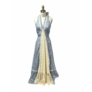 VTG Early 70s Gunne Sax Halter Maxi Dress M Blue Floral Lace Cottage core Black label