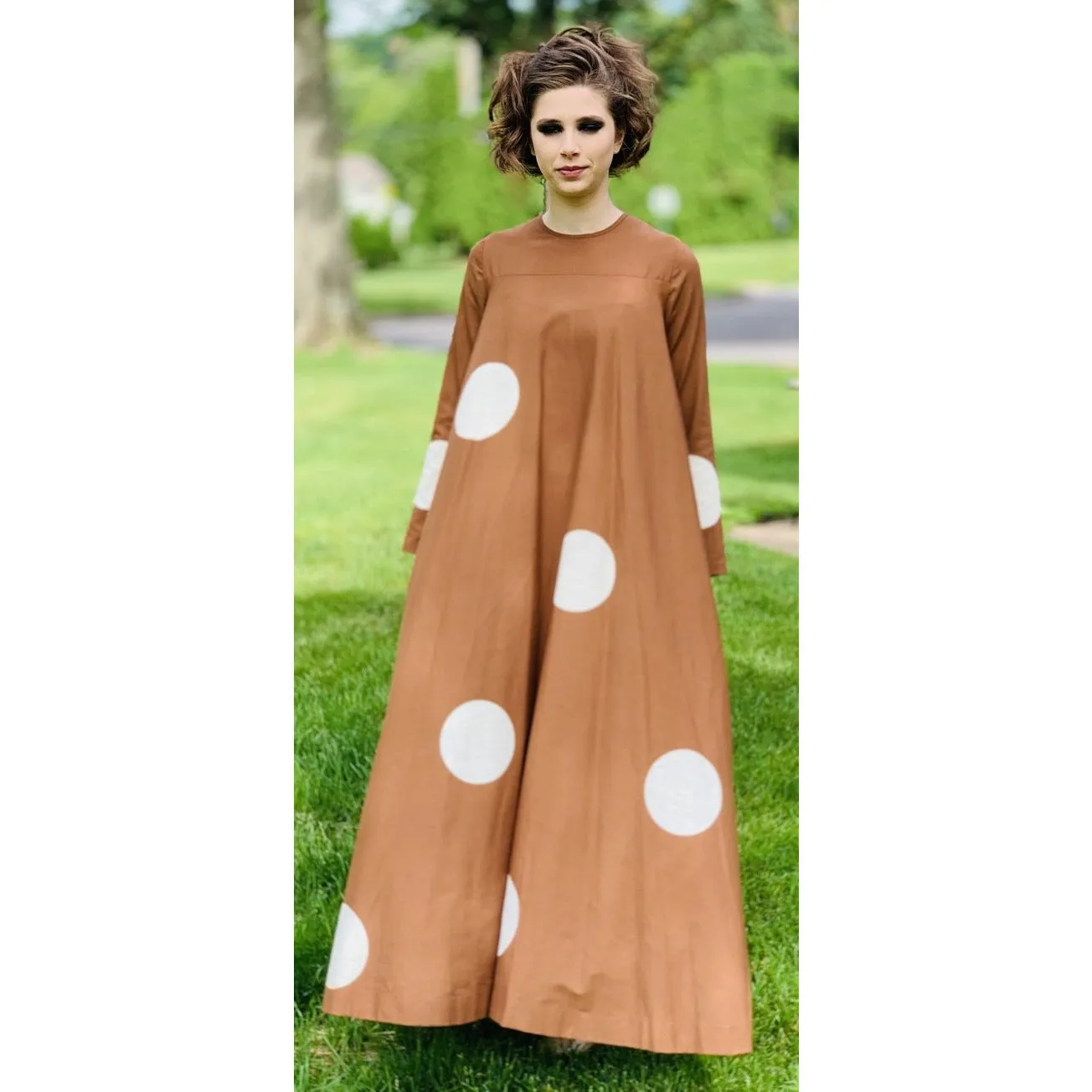Vuokko 1970 Pallo Annika RImala Vintage Tent Gown Cotton Brown and White Polka Dot Sz 38