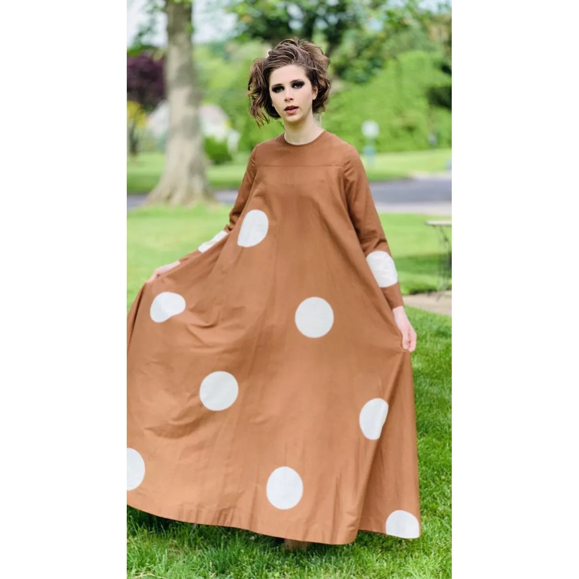 Vuokko 1970 Pallo Annika RImala Vintage Tent Gown Cotton Brown and White Polka Dot Sz 38