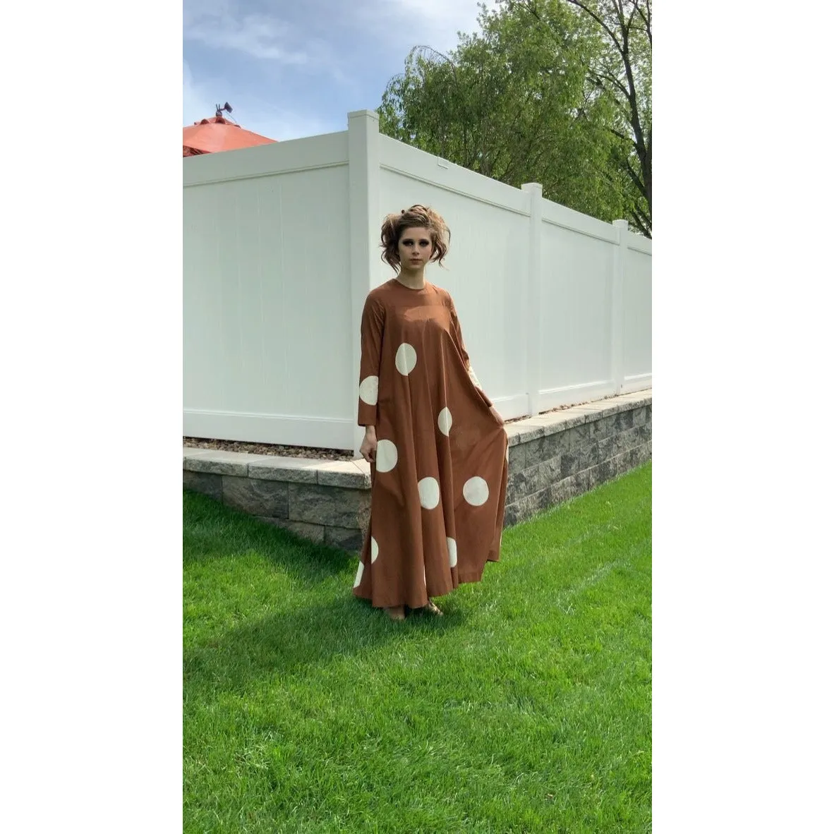 Vuokko 1970 Pallo Annika RImala Vintage Tent Gown Cotton Brown and White Polka Dot Sz 38