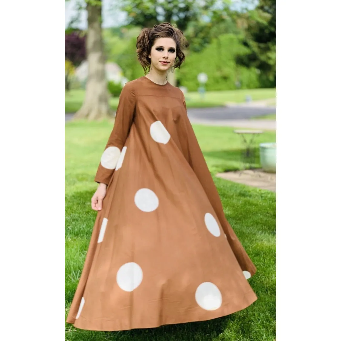 Vuokko 1970 Pallo Annika RImala Vintage Tent Gown Cotton Brown and White Polka Dot Sz 38