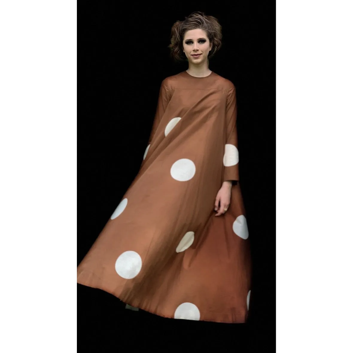 Vuokko 1970 Pallo Annika RImala Vintage Tent Gown Cotton Brown and White Polka Dot Sz 38