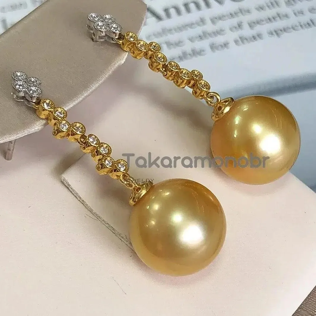 Waterdrops 13.0-14.0 mm Golden South Sea Pearl Earrings in Gold with Diamonds