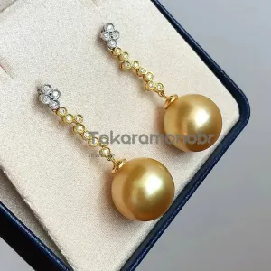 Waterdrops 13.0-14.0 mm Golden South Sea Pearl Earrings in Gold with Diamonds