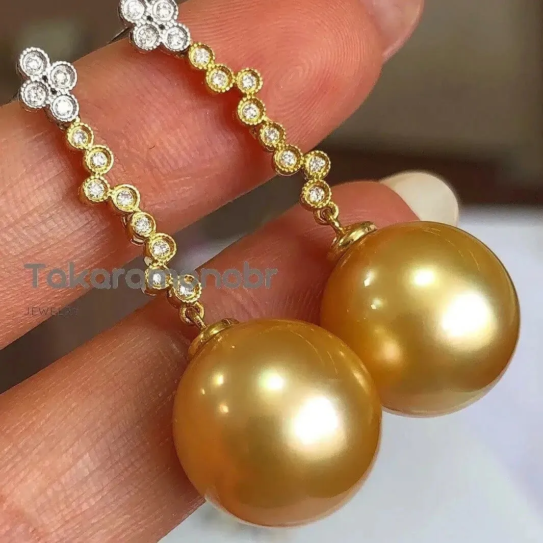 Waterdrops 13.0-14.0 mm Golden South Sea Pearl Earrings in Gold with Diamonds