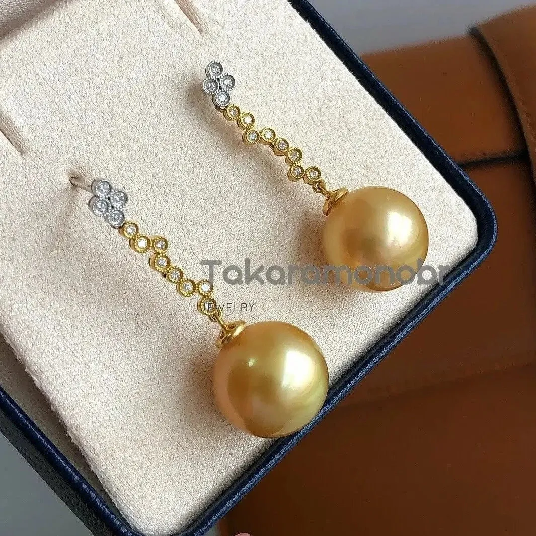 Waterdrops 13.0-14.0 mm Golden South Sea Pearl Earrings in Gold with Diamonds