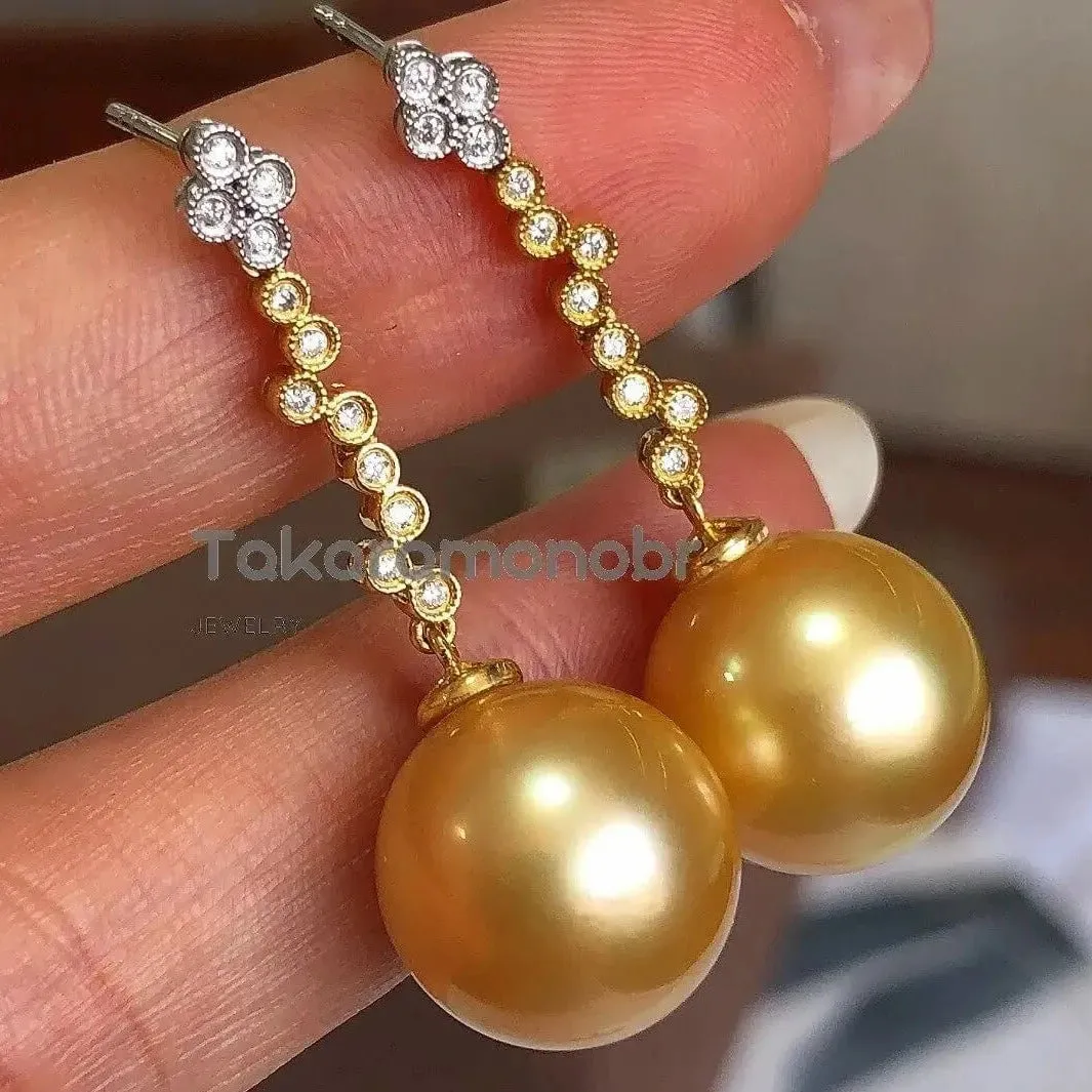 Waterdrops 13.0-14.0 mm Golden South Sea Pearl Earrings in Gold with Diamonds