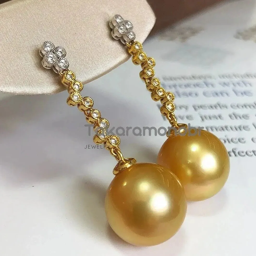 Waterdrops 13.0-14.0 mm Golden South Sea Pearl Earrings in Gold with Diamonds
