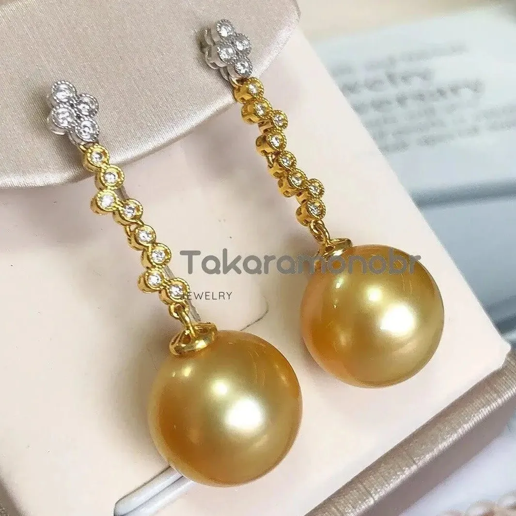 Waterdrops 13.0-14.0 mm Golden South Sea Pearl Earrings in Gold with Diamonds