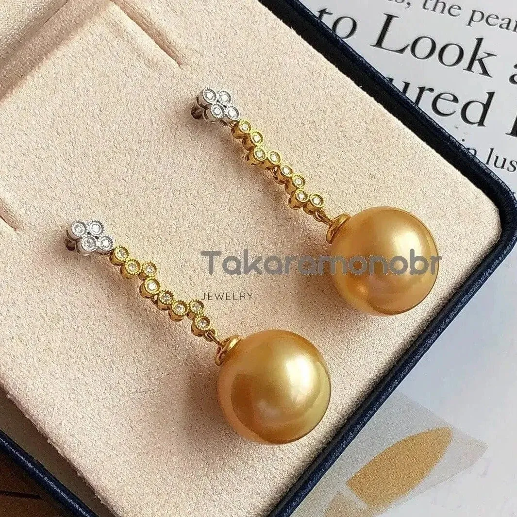Waterdrops 13.0-14.0 mm Golden South Sea Pearl Earrings in Gold with Diamonds