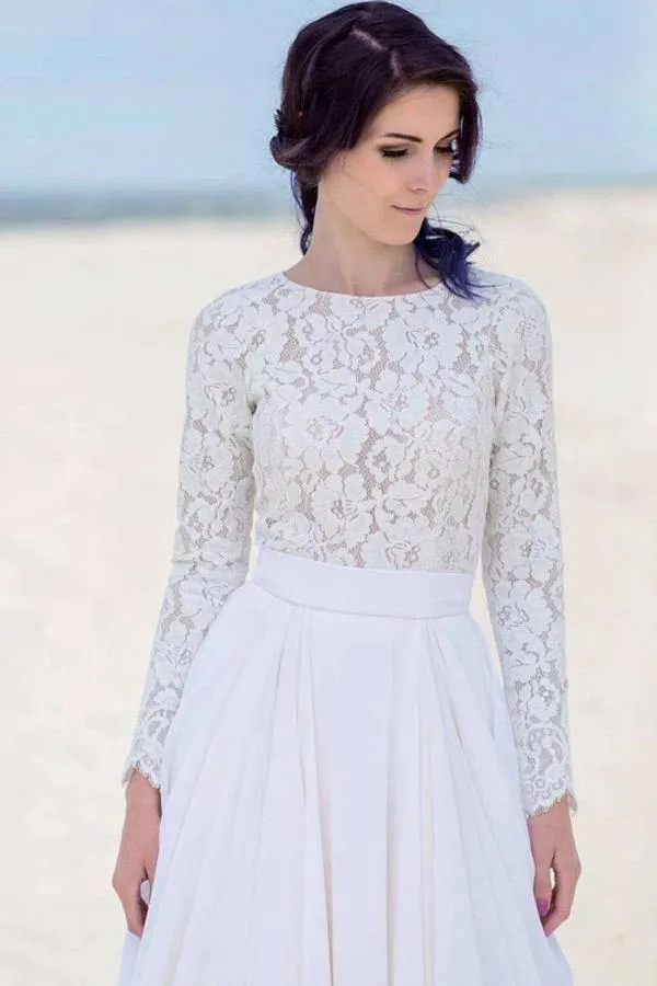 White Chiffon Lace Long Sleeves Floor Length Beach Wedding Dresses, MW836