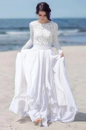 White Chiffon Lace Long Sleeves Floor Length Beach Wedding Dresses, MW836