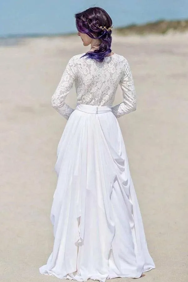 White Chiffon Lace Long Sleeves Floor Length Beach Wedding Dresses, MW836
