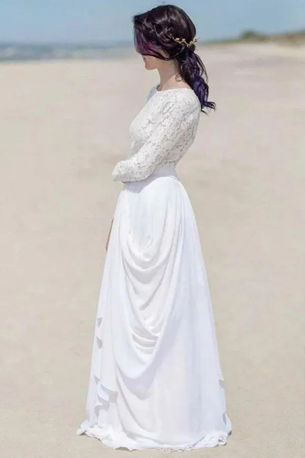 White Chiffon Lace Long Sleeves Floor Length Beach Wedding Dresses, MW836