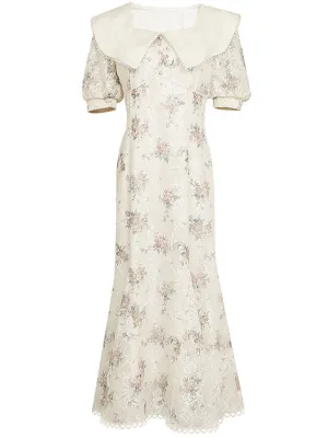 White Floral Print Puff Sleeve Vintage Mermaid 1940S Fish Tail Vintage Lace Dress