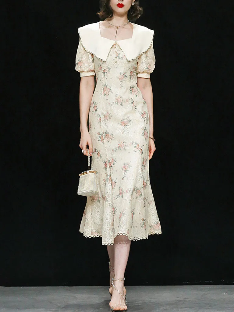 White Floral Print Puff Sleeve Vintage Mermaid 1940S Fish Tail Vintage Lace Dress