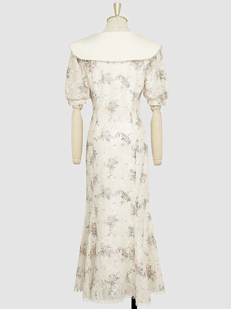 White Floral Print Puff Sleeve Vintage Mermaid 1940S Fish Tail Vintage Lace Dress