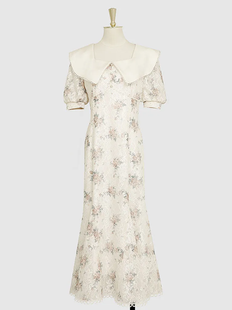 White Floral Print Puff Sleeve Vintage Mermaid 1940S Fish Tail Vintage Lace Dress