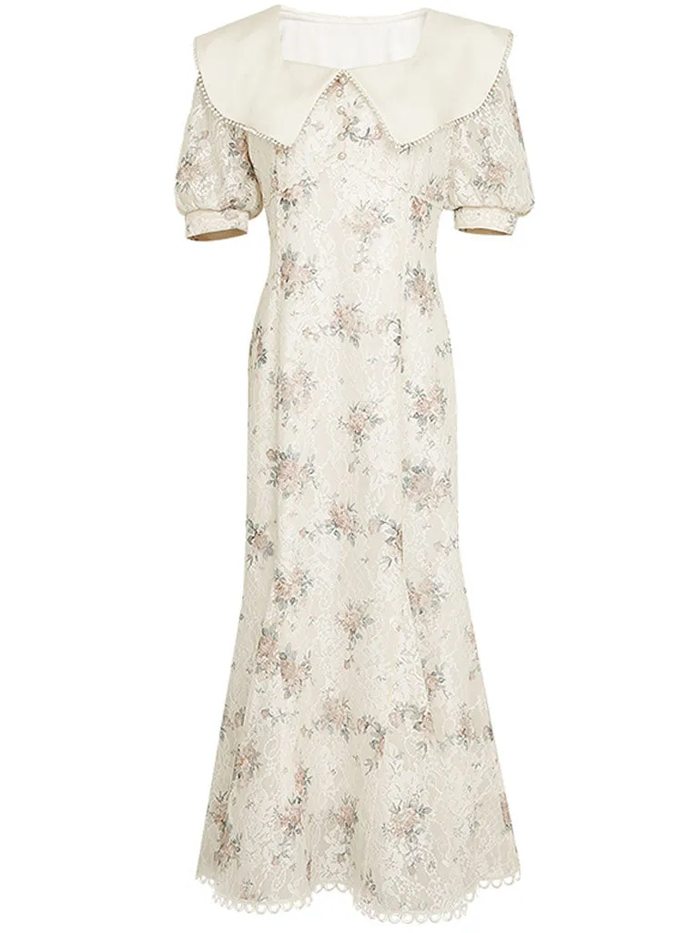 White Floral Print Puff Sleeve Vintage Mermaid 1940S Fish Tail Vintage Lace Dress